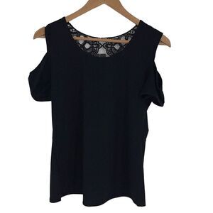 Bellelily Womens Blouse Top Cold Shoulder‎ Lace Back Round Neck Black Small NWT